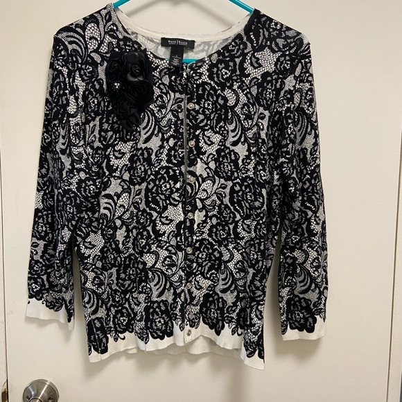 White House Black Market black & ecru flower cardigan, black flower and large - Picture 2 of 6